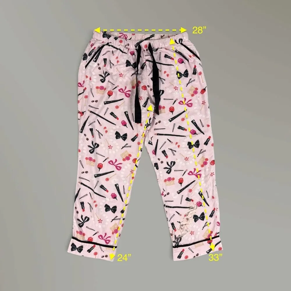 Kate Spade Pink Flannel Pajama Set Makeup Lipstick Bows Sz Med READ DESC.
